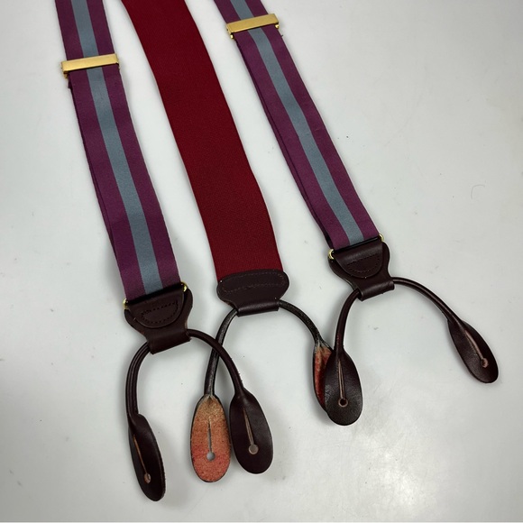 VTG Trafalgar Suspenders Purple Grey Striped Leather Braces - Picture 1 of 4